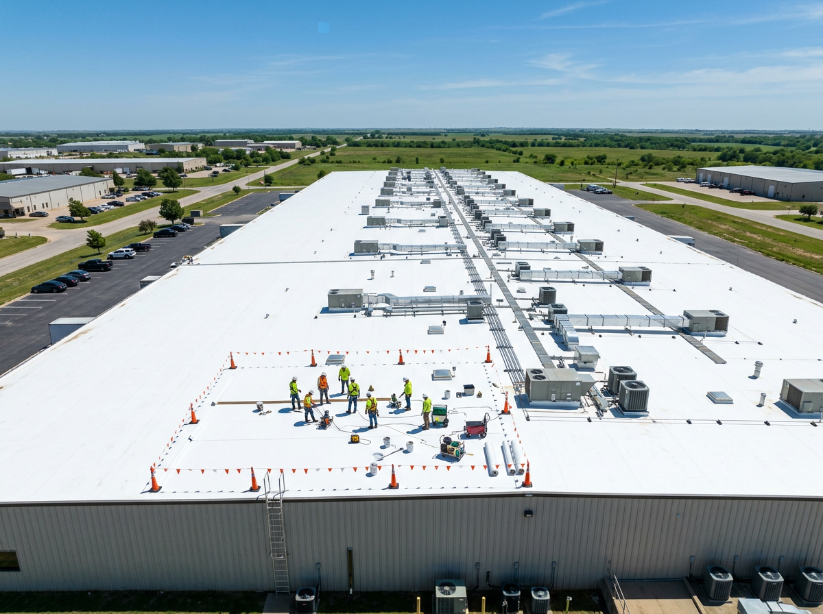 Commercial flat roof TPO membrane installation Tulsa Oklahoma