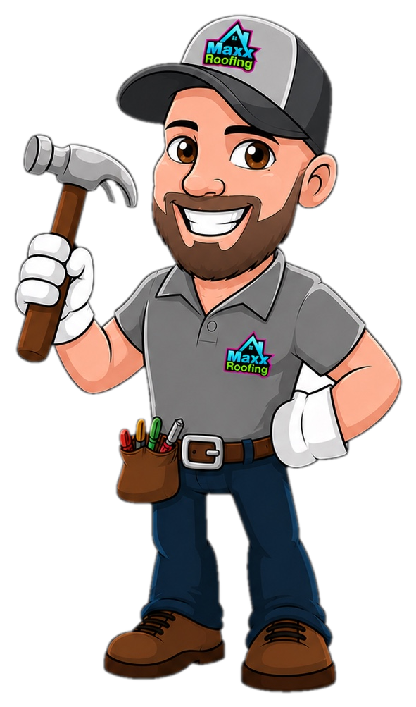 Maxx Roofing mascot character holding a hammer