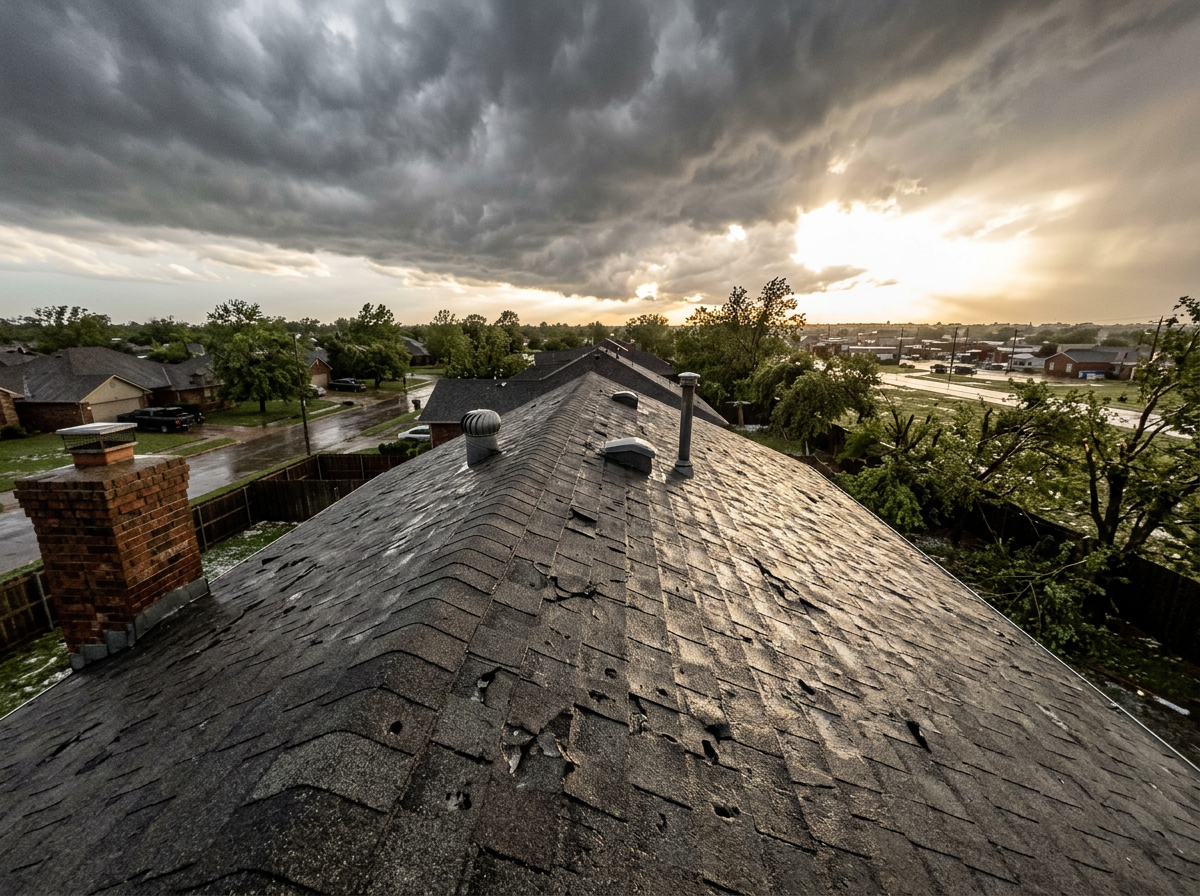 Hail and storm damaged roof in Broken Arrow Oklahoma requiring emergency roof repair